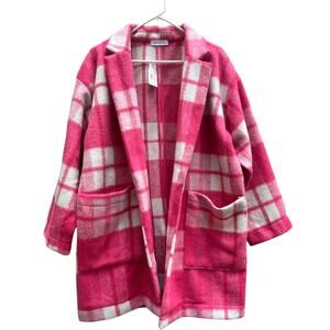 NEW Lily Maes Hot Pink Cream Plaid Flannel Coat Shacket Pockets Women's Large